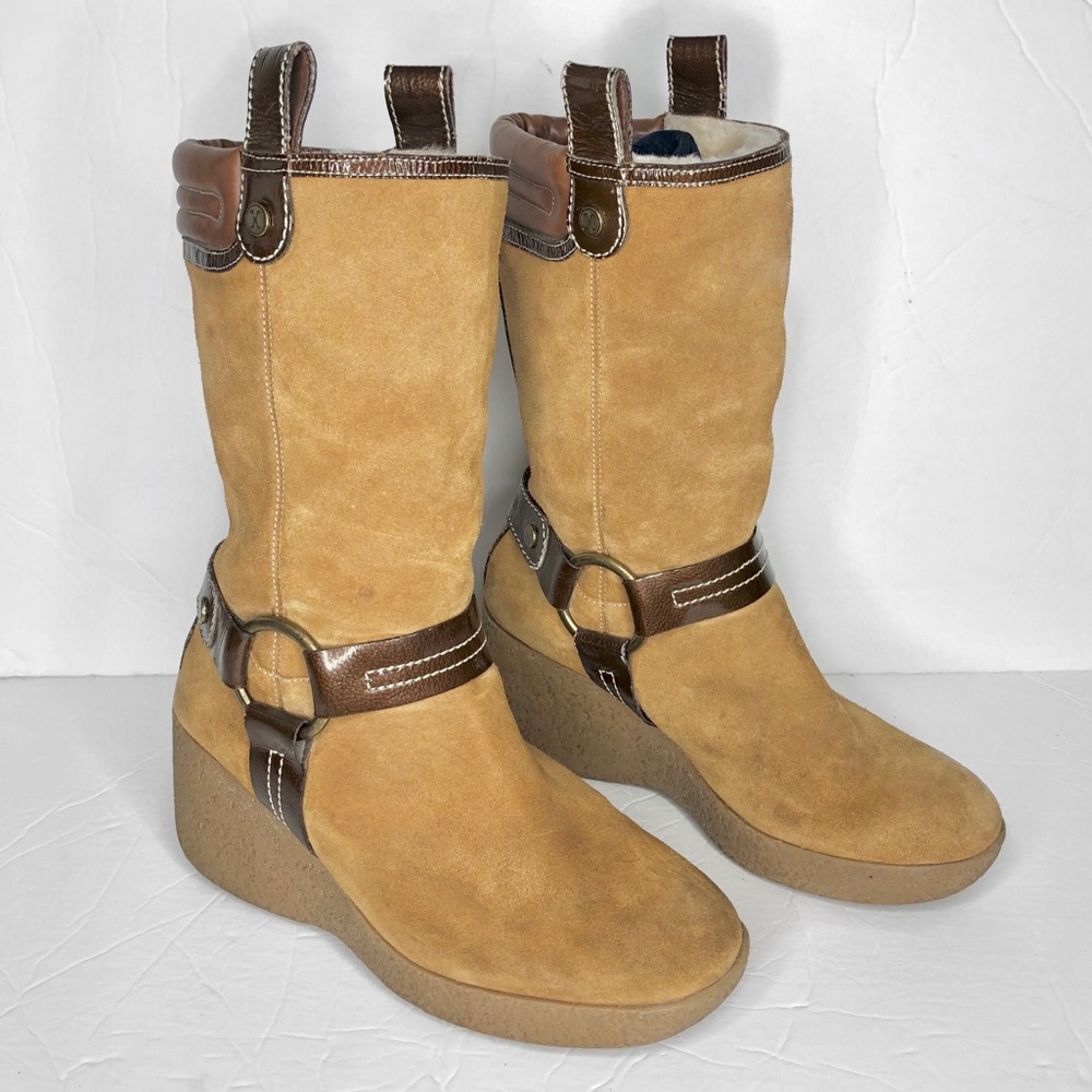 COLE HAAN Brown Suede Shearling Harness Wedge Boot